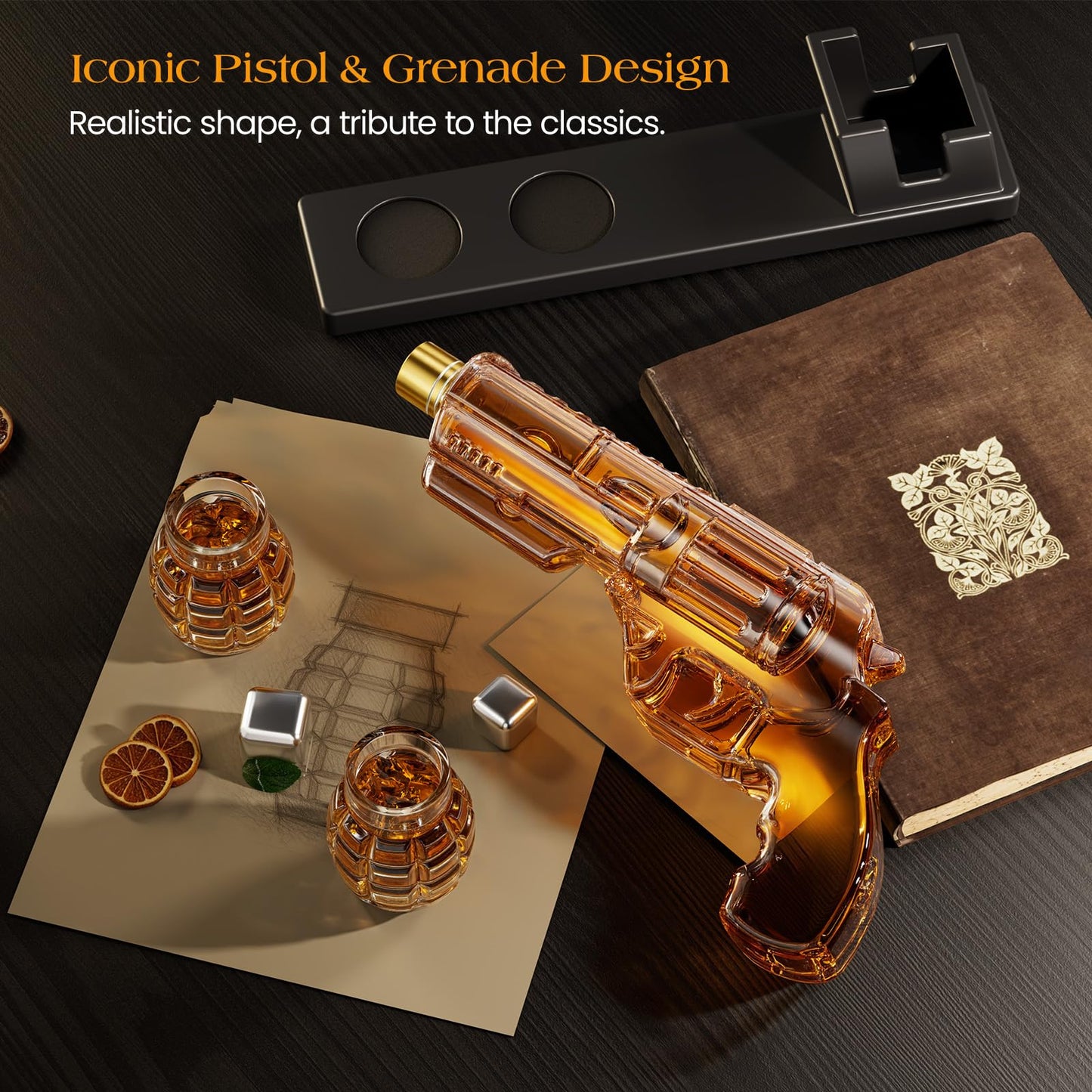 Kollea Whiskey Decanter Set with Grenade-Shaped Shot Glasses, Anniversary Birthday Gifts for Men Who Have Everything, Holiday Whiskey Gifts for Men, Father, Husband, Boyfriend & Military Enthusiasts