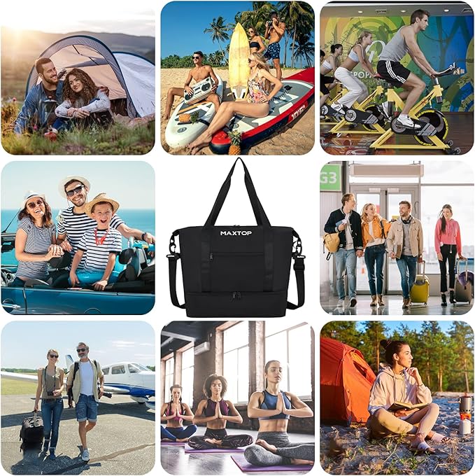 MAXTOP Travel Duffle Bag for Women Weekender Overnight Bags Large Capacity Carry On Duffel Bag With Shoe Compartment,Sports Gym Tote Bag with Dry and Wet Separation Black