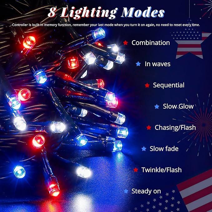 Hopolon Red White and Blue String Lights, 33 FT 100 LED Connectable 4th of July Patriotic Twinkle Lights with Remote,8 Modes Plug in Independence Day Light for Home Party Holiday Tree Xmas Decoration