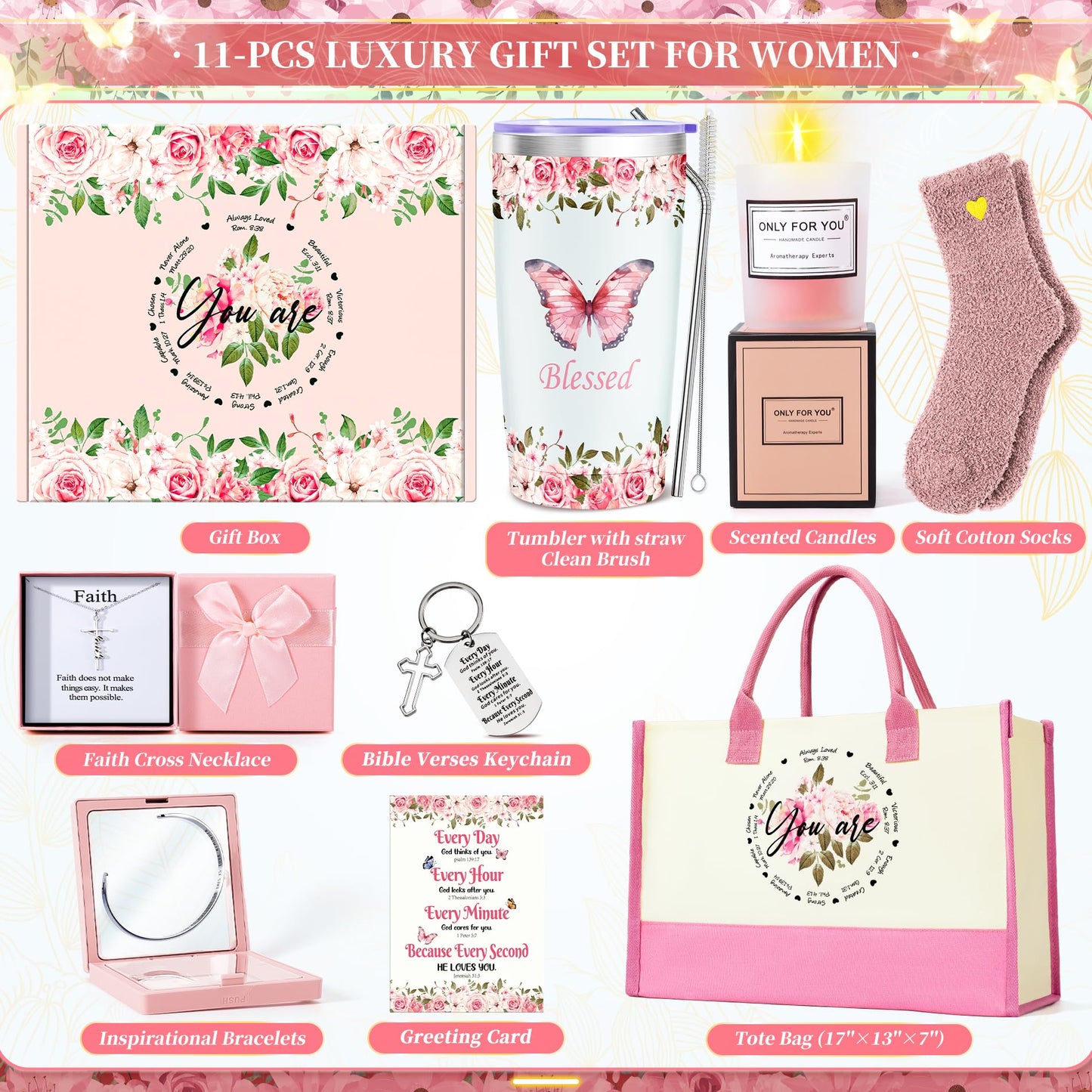 11PCS Christian Gifts for Women Faith, Inspirational Gifts for Women, Pink Birthday Spiritual Religious Basket Set,Self Care Get Well Soon Baskets for Mom,Friends,Wife,Girlfriends