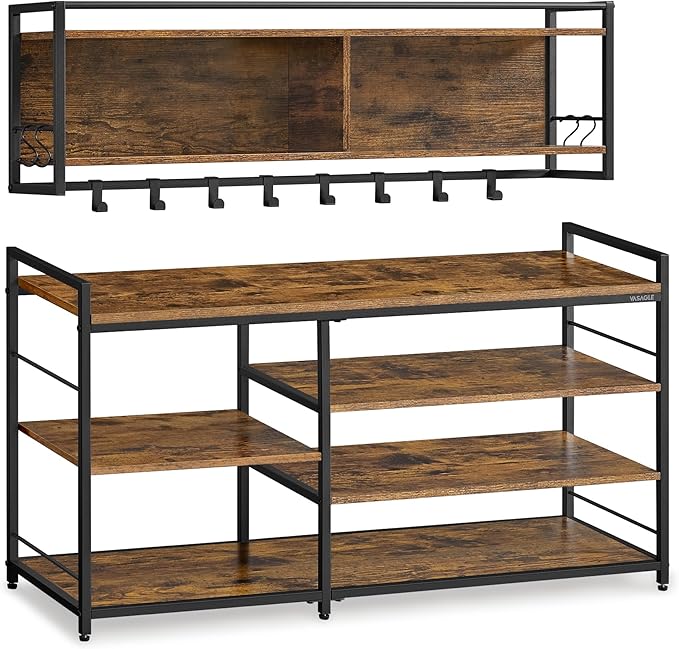 VASAGLE Hall Tree with Shoe Bench, Coat Rack Shoe Bench Set, Entryway Furniture, Multifunctional, 12 Metal Hooks, 4-Tier Shoe Rack, for Entryway, Bedroom, Rustic Brown ULSB108K01