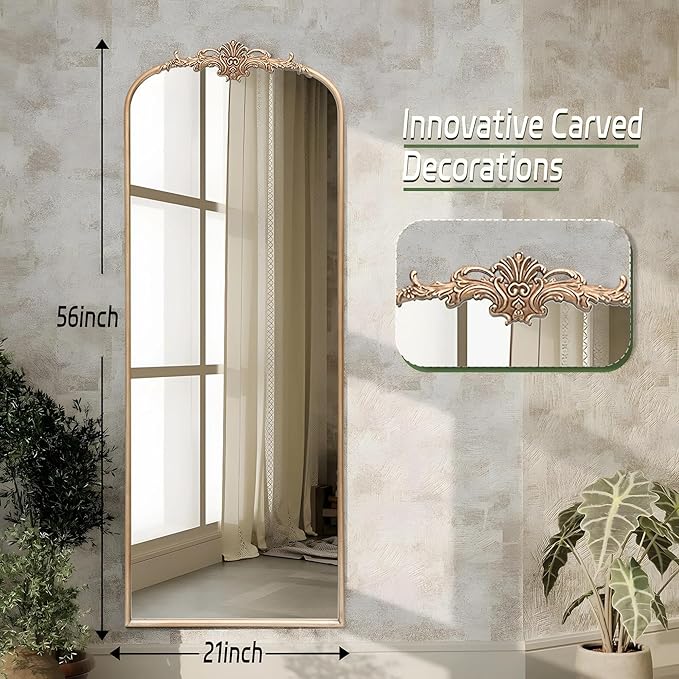 Besdomus Arched Mirror Full Length: 21"x56" Champagne Gold Vintage Full Body Mirror - Floor Antique Baroque Traditional Ornate for Entryway/Cloakroom/Bedroom - Home Decor for Fashion-Conscious
