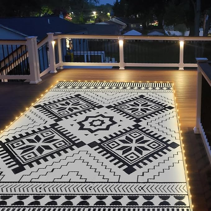8x10ft Waterproof Outdoor Rug with LED Lights, Boho Reversible Plastic Straw Mat for Patio RV Camping Picnic Balcony Beach Deck Indoor Outdoor Carpet, Black&White