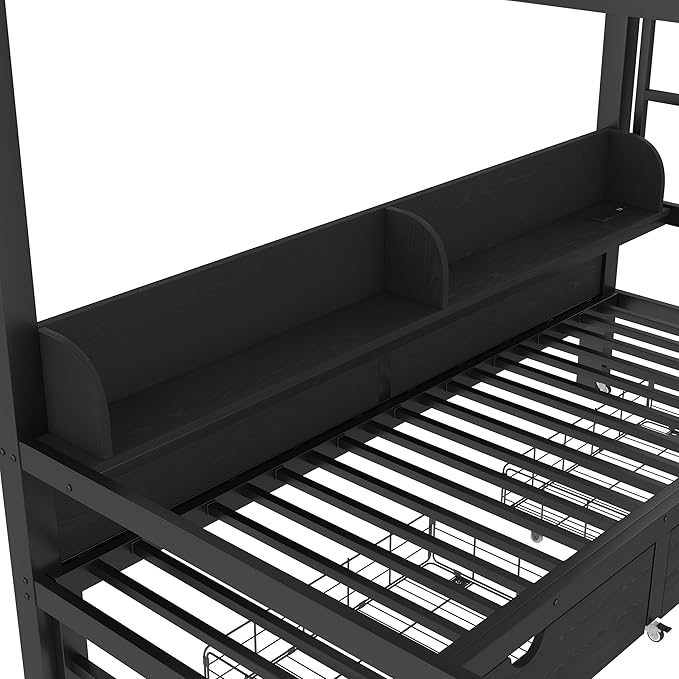 Bellemave Metal Full Over Full Size Bunk Bed Frame with Storage Drawers and Shelves,Heavy Duty Kids Bunk Beds with LED Lights and Charging Station for Teens,Adults,Convertible into a Sofa Bed,Black
