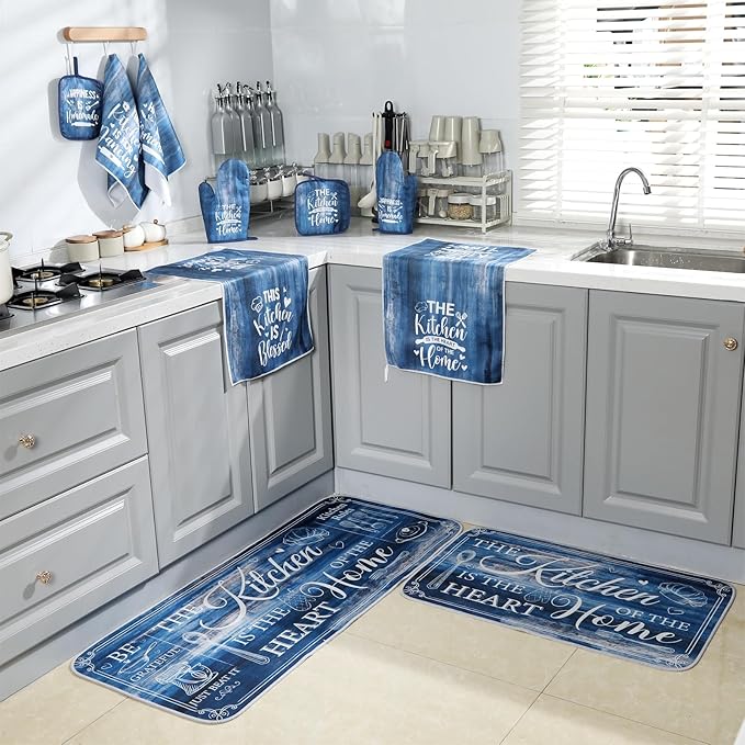 Fourluoo 10 Pcs Farmhouse Kitchen Decor and Accessories Set 4 Kitchen Towels 2 Pot Holders 2 Oven Mitts 2 Rugs for Cooking Baking Mom Housewarming Gifts(Blue,Classic Style)