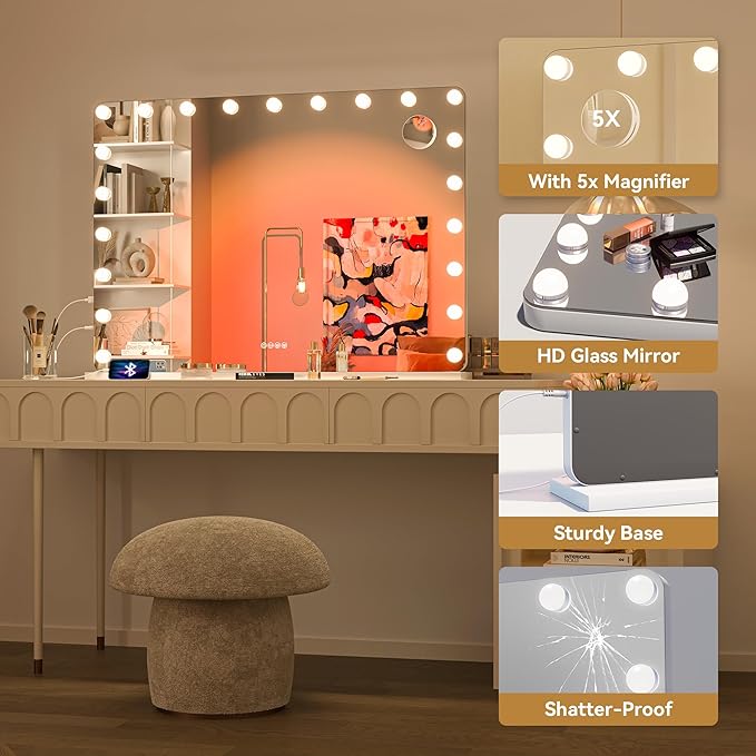 Hasipu LED Makeup Mirror with Bluetooth Speaker, 41" x 30" Makeup Mirror with Lights and Magnification, Hollywood Mirror with 3 Color Modes, LED Make up Mirror with USB & Type-C Charging