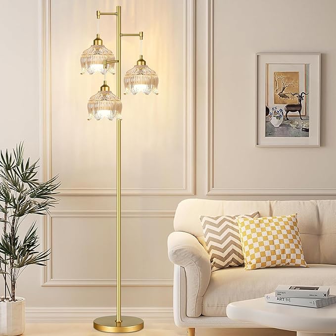 Vintage Floor Lamps for Living Room Bedroom-3 Light Gold Floor Lamp with Glass Lampshape, Flower Tall Lamp Glass Mid Century Standing Lamp Tree Floor Lamp for Living Room Corner