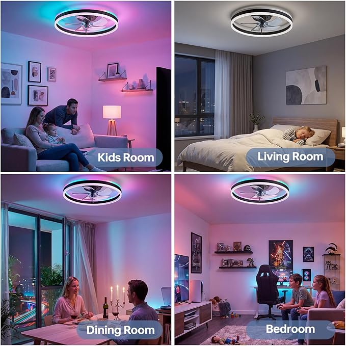 RGB Ceiling Fan with Light,20'' Modern Flush Mount Ceiling Fan, 6 Speeds, Dimmable LED, Remote Control, Quiet DC Motor,Smart Low Profile Ceiling Fan for Bedroom, Living Room,DM101-H-RGB Black