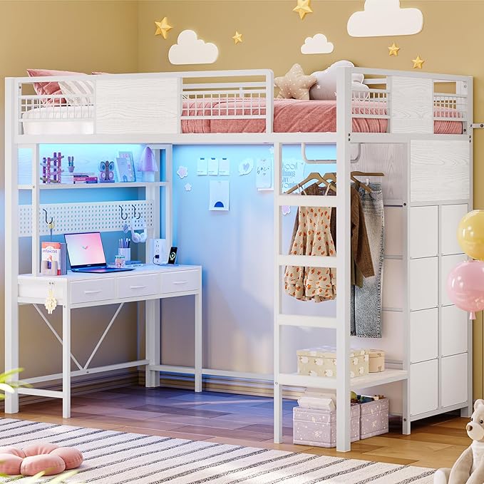 ADORNEVE Twin Size Loft Bed with Desk, 11 Storage Drawers & RGB LED Lights, Metal Loft Bed with Power Outlet, Shelves & Clothing Rack, 13.4" H Safety Guard & Paded Ladder, White