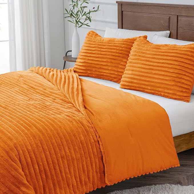 BEDELITE Fleece King Comforter Set -Super Soft & Warm Fluffy Burnt Orange Bedding, Luxury Fuzzy Heavy Bed Set for Winter with 2 Pillow Cases