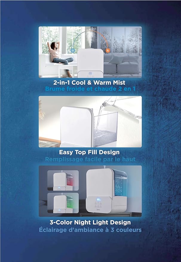 Midea 6L (1.6 Gal) Warm & Cool Mist Ultrasonic Humidifier, Top Fill Design, Smart Humidity Control with Auto Mode, 24-Hour Runtime, Essential Oil Tray, Timer & Night Light, White