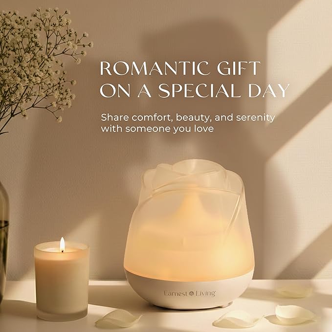 Earnest Living Rose Essential Oil Diffuser 150ml – Mini Ultrasonic Aromatherapy Humidifier for Bedroom & Desk, Quiet Mist, USB Powered, 7-Color Night Light, Valentine's Gift for Women, Frosted White