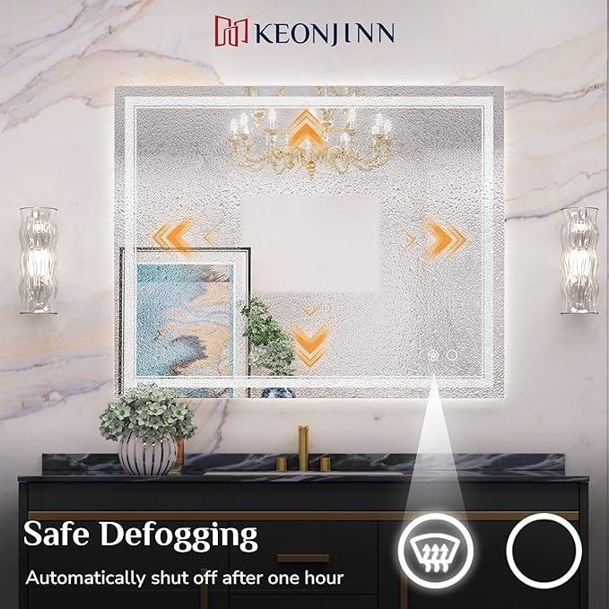 Keonjinn 48 x 40 Inch LED Bathroom Mirror with Lights, Large Wall Mounted Vanity Mirror, UL Listed LED Driver, HD Tempered Glass, Easy Installation, Anti-Fog, Memory Dimmable 6000K, CRI 90+