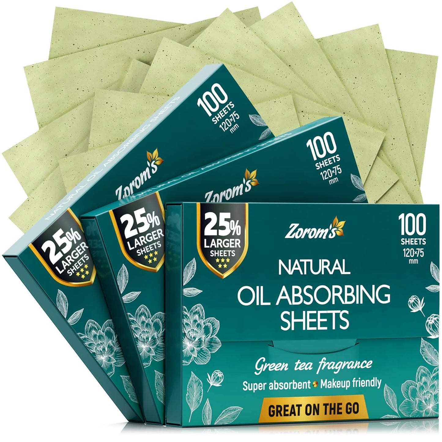 Natural Green Tea Oil Blotting Sheets for Face - 25% Larger Sheets (4.7x3â) - 300 Makeup Friendly Blotting Papers for Face - Easy Dispensing Oil Absorbing Sheets for Face