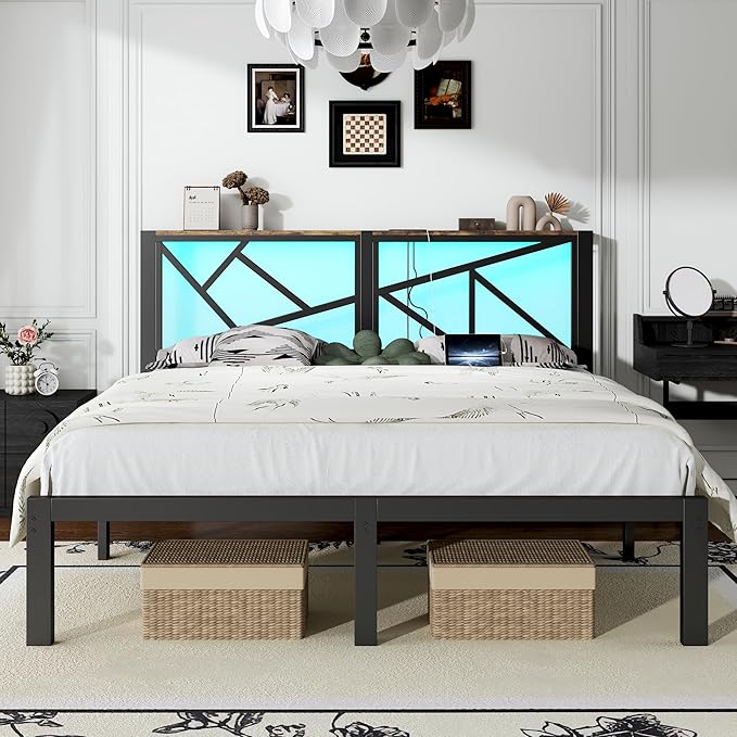 King Size Black Metal Bed Frame with USB Charging Station, LED Ambient Lighting, and Wooden Storage Headboard - Includes Under-Bed Storage, No Box Spring Needed, Noise Free, Easy Assembly