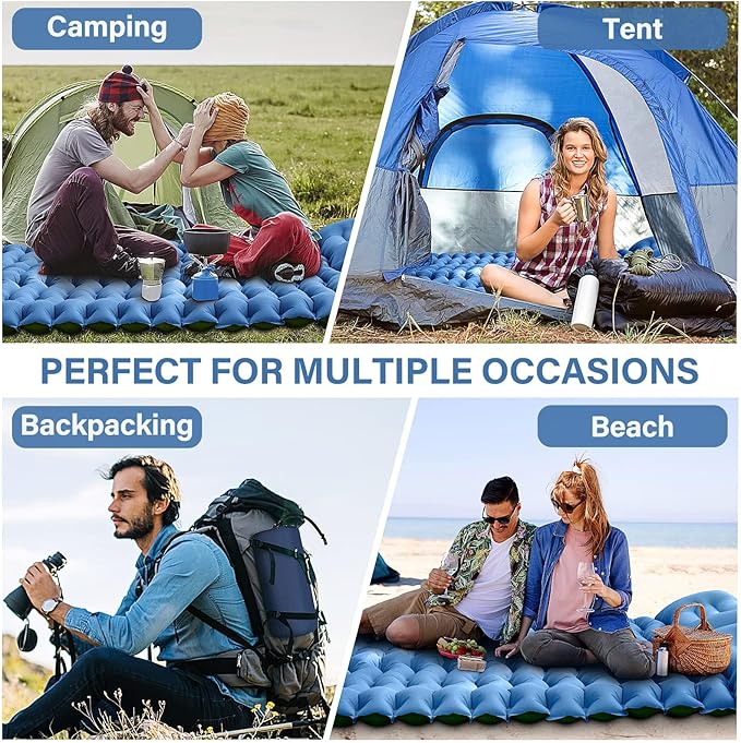 Double Sleeping Pad for Camping- Self Inflating 4" Extra-Thick with Pillow Built-in Foot Pump Inflatable Sleeping Mat for Backpacking, Hiking, Traveling, Tent, Portable Camping Mat