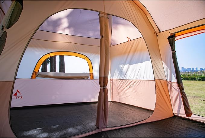 KTT Extra Large Tent 10-12-14 Person(A),Family Cabin Tents,2 Rooms,3 Doors and 3 Windows with Mesh,Straight Wall,Waterproof,Double Layer,Big Tent for Outdoor,Picnic,Camping,Family Gathering
