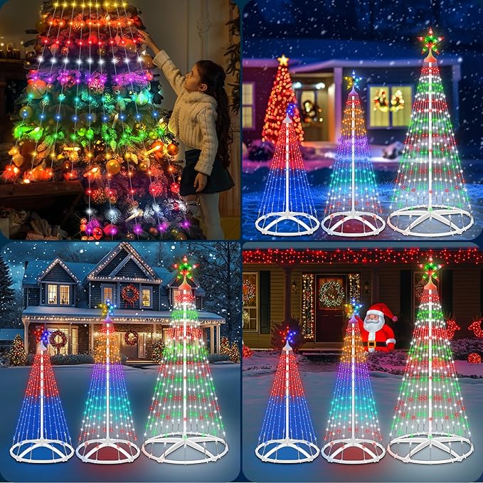3 Pack Smart Christmas Cone Tree Lights App Controlled, 4FT 5FT 6FT RGB Color Changing Christmas Trees Music Sync, Goup Control, Magical Xmas Tree Lightshow for Yard Indoor Outdoor Christmas Decor