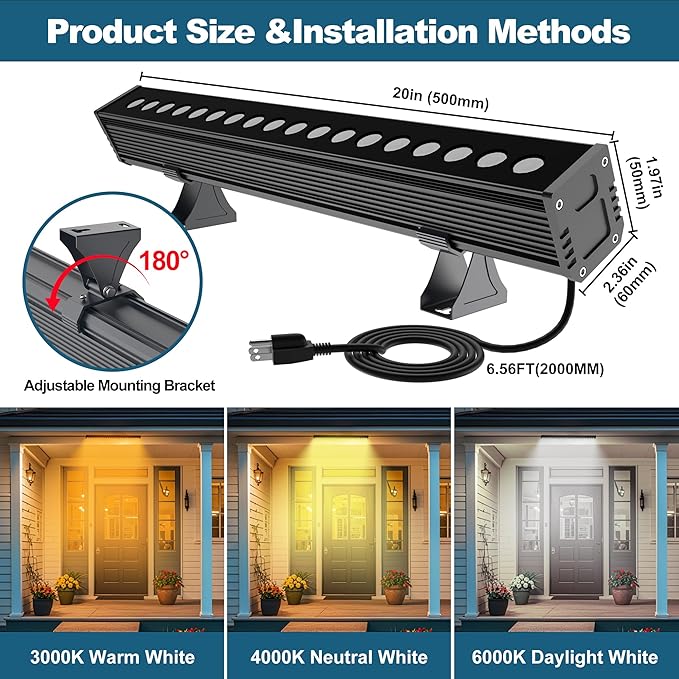 LED Wall Washer Light Bar, Tunable White 2700K-6500K, Smart WiFi App and RF Remote, Smooth Dimming, 8 Modes, Linkable 20in IP65, AC120V Plug-in for Porch Patio Sign