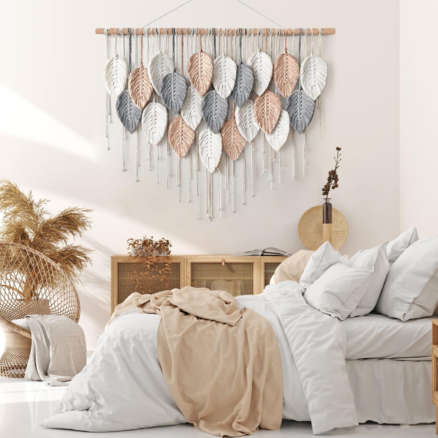 Alynsehom Large Macrame Wall Hanging, Boho Woven Tapestry, Chic Modern Bohemian Handmade Leaf Feather Wall Art Home Decor for Apartment Dorm Living Room Bedroom Nursery Backdrop (39" W X 29.5"" L)"