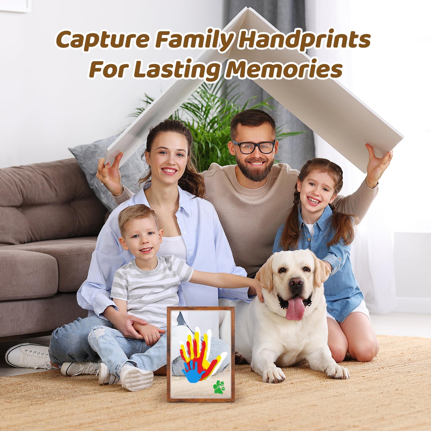Omrhvi Family Handprint Kit, Hand Prints Keepsake Frame, DIY Craft Gift for New Parents & Mom & Baby, Grandparents, Mother's Day, Father's Day, Adoption Day, Anniversary, 6 Non -Toxic Paints (Brown)
