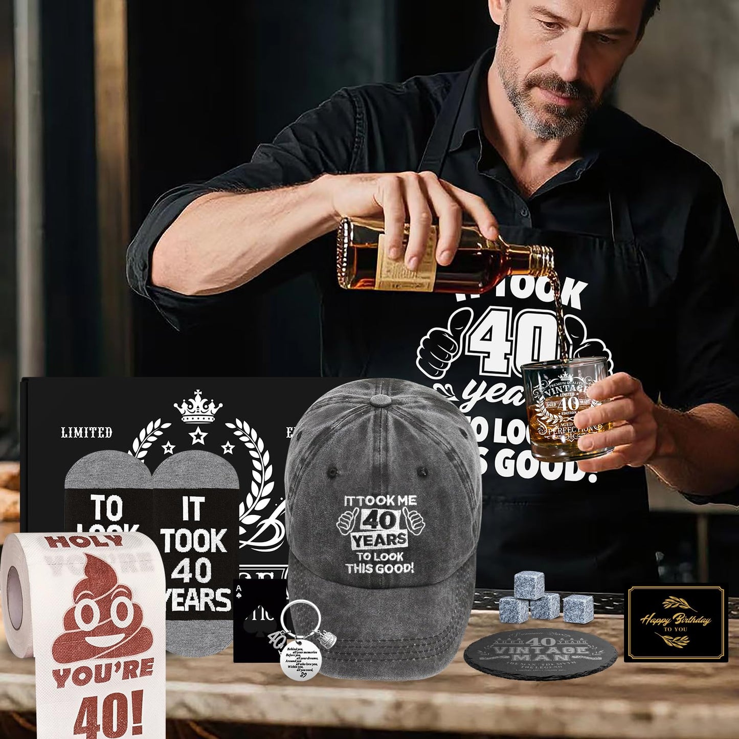 40th Birthday Gifts for Men Whiskey Glass Set, 40th Birthday Party Supplies with 11 Oz Whiskey Glass Coaster Stone Baseball Cap Apron Sock Funny Toliet Paper Keychain for Him, Dad, Husband, Friends