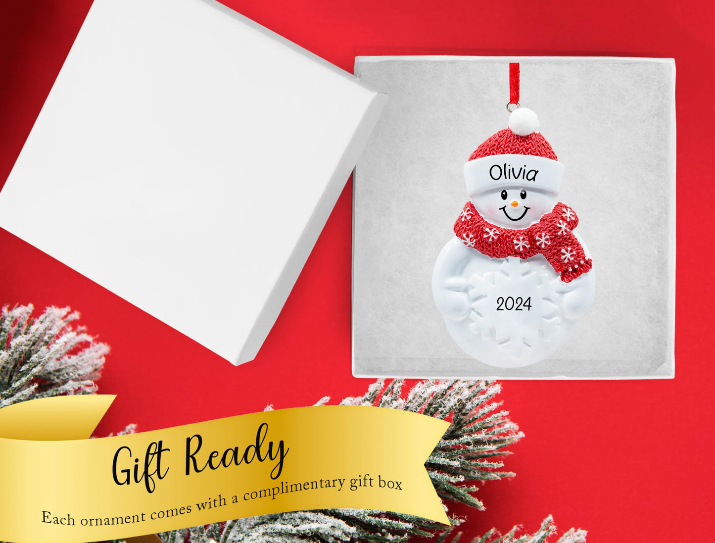 UniqXmas Personalized Snowman Figurine Christmas Ornament 2025 - Free Customization | Snowman with Snowflake Red Santa Hat & Scarf for Xmas Tree | Unique Keepsake - Custom Name & Year