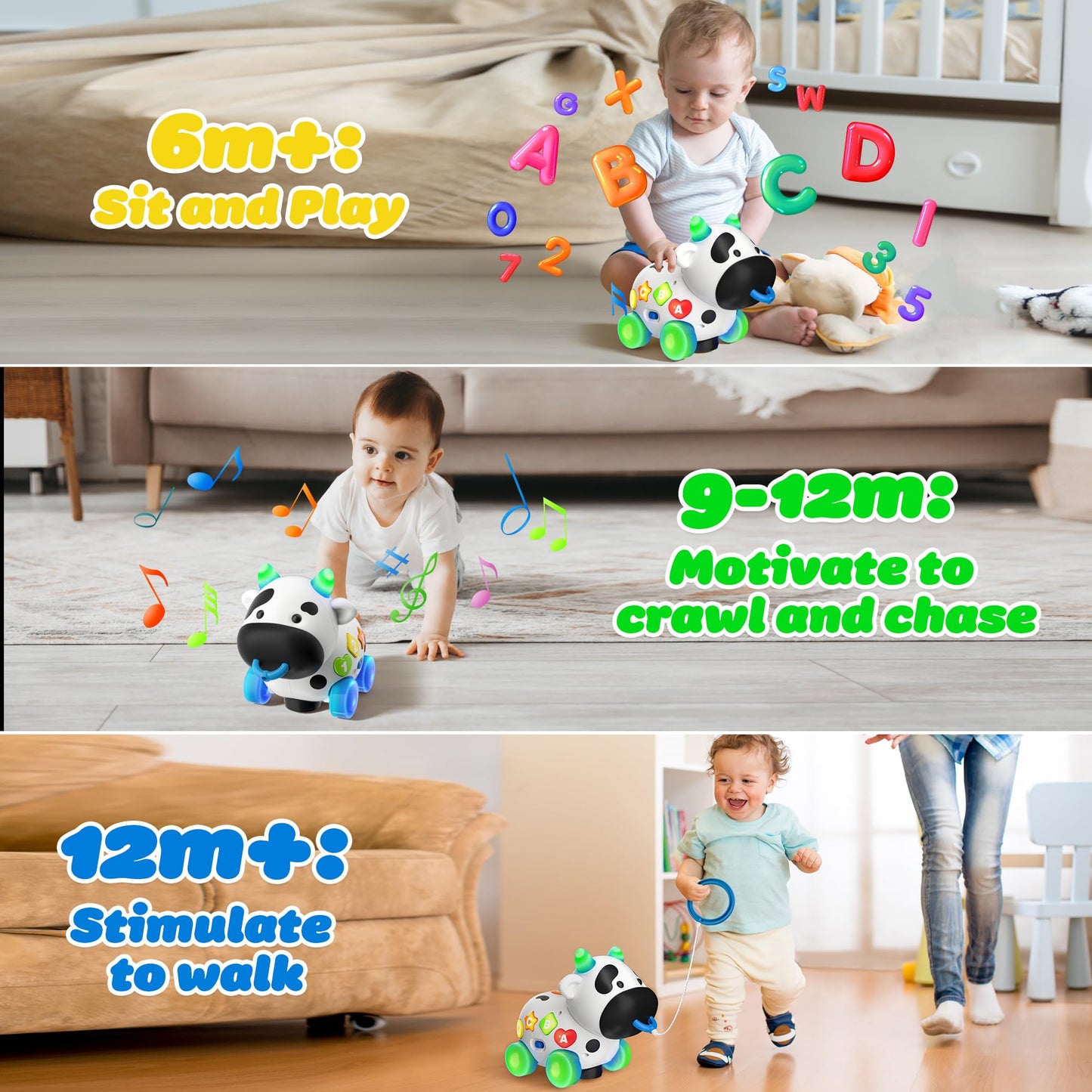 Musical Cow Baby Toys 6-12-18 Months, Bilingual Crawling Walking Toddler Educational Learning Toy for 1 Year Old Boy Girl Birthday Gifts, 6 7 8 9 10 12 Month Old