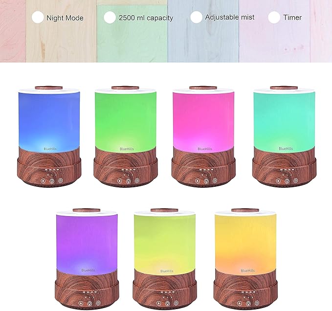 BlueHills Premium Set of 2 2500 ML Large Essential Oils Diffusers for Big Rooms High Mist Output XL Capacity Adjustable Cool Mist Great Gift – Value Pack of 2 Dark Wood Grain and Decorative Design
