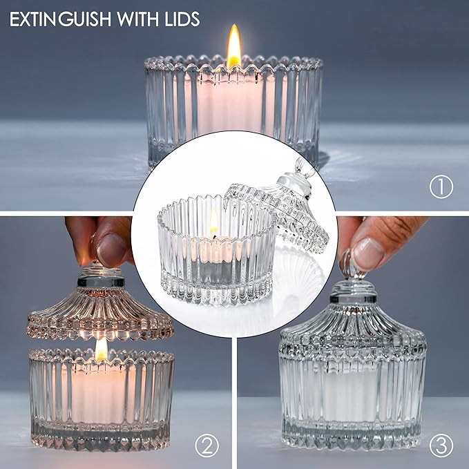 16 Piece Votive Candle Holders with Lids, Tealight Candle Holders in Bulk, Glass Small for Table Centerpiece, Wedding, Home Decor (2.68'' x 1.65'', Clear)