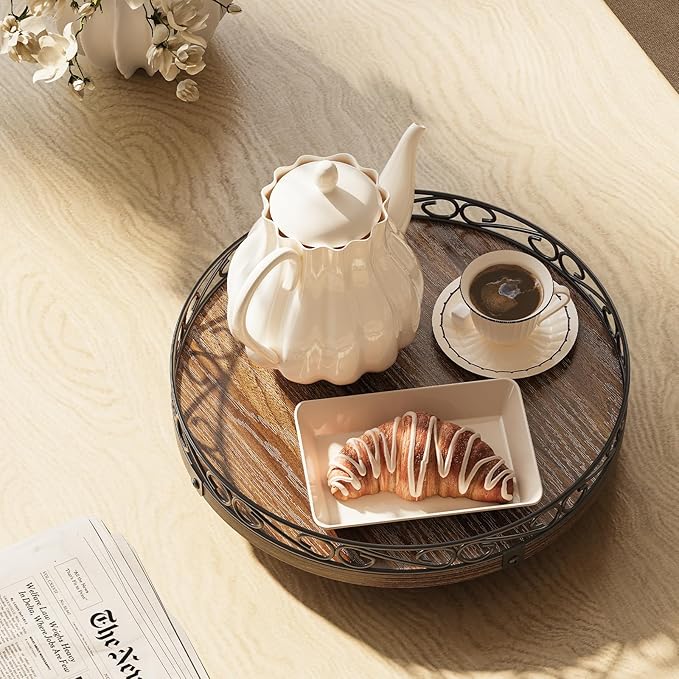 12" Lazy Susan Turntable Organizer for Table Top, Round Wooden Lazy Susan for Cabinet, Farmhouse Decorative Tray for Coffee Table, Kitchen Organizer Countertop, Center Piece Decor, Rustic Brown