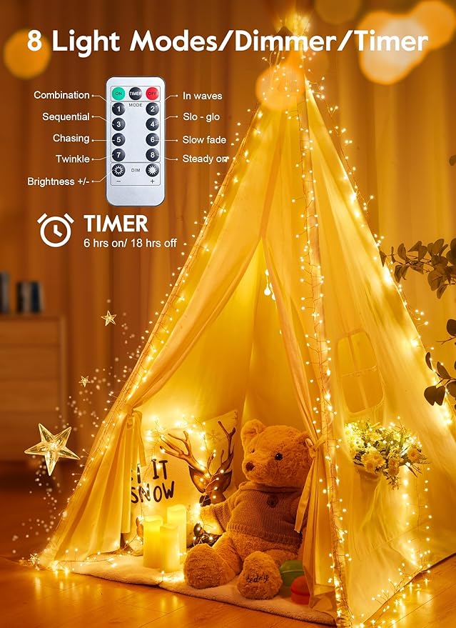Fairy Lights Plug in, 16.4Ft 200 LED USB Firecracker Twinkle Lights with Remote and Timer, Silver Wire Cluster String Light for Bedroom Indoor Wreath Party Wedding Christmas Decoration, Warm White