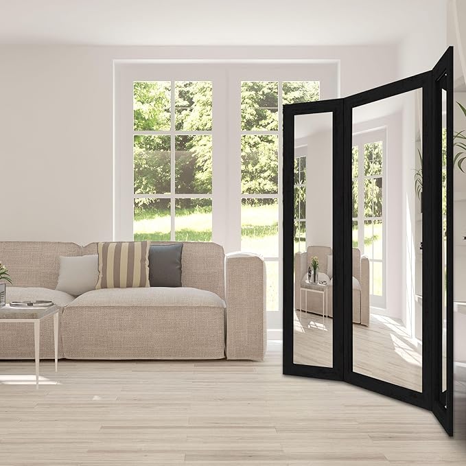 Houseables 3 Way Mirror, Floor Mirror, Full Length, Trifold, Three Way Folding, Floor Standing, Full Body, Wood Framed, 3 Sided for Bedroom, Makeup, Oversized, Foldable, Black, 71 x 32 to 65 Inch