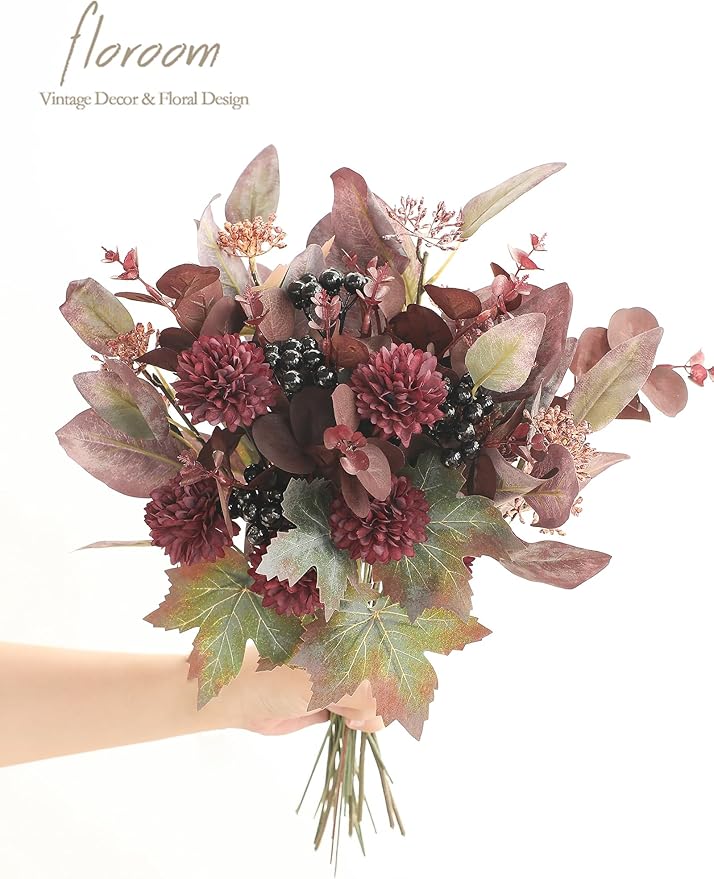 Floroom Artificial Greenery Stems Box Set, 36pcs with 5 Kinds of Faux Greenery Flowers Picks for DIY Bridal Bouquets Wedding Floral Arrangement Table Centerpieces, Burgundy & Mauve