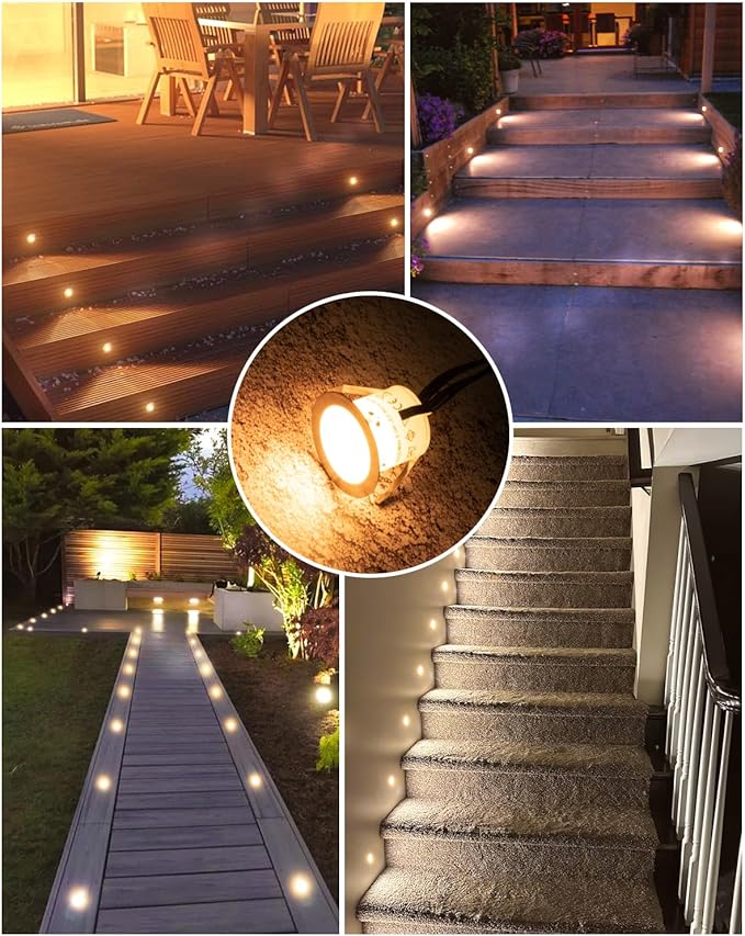 HIBOITEC Recessed LED Deck Light Kits 1Pack, 12V Low Voltage Landscape Lighting IP67 Waterproof Outdoor Step Stair Lights Warm White Deck Lighting for Garden Yard Steps Stair Patio Floor Decoration