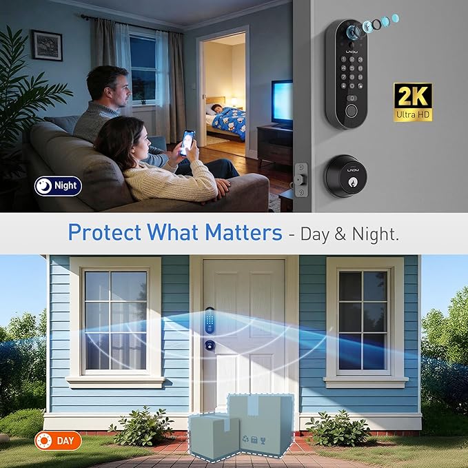 Smart Video Door Lock with 2K Doorbell Camera, Fingerprint & Keypad Keyless Entry, WiFi Deadbolt with PIR Motion Detection & Real-Time Package Alerts, App & Voice Control (Alexa & Google)