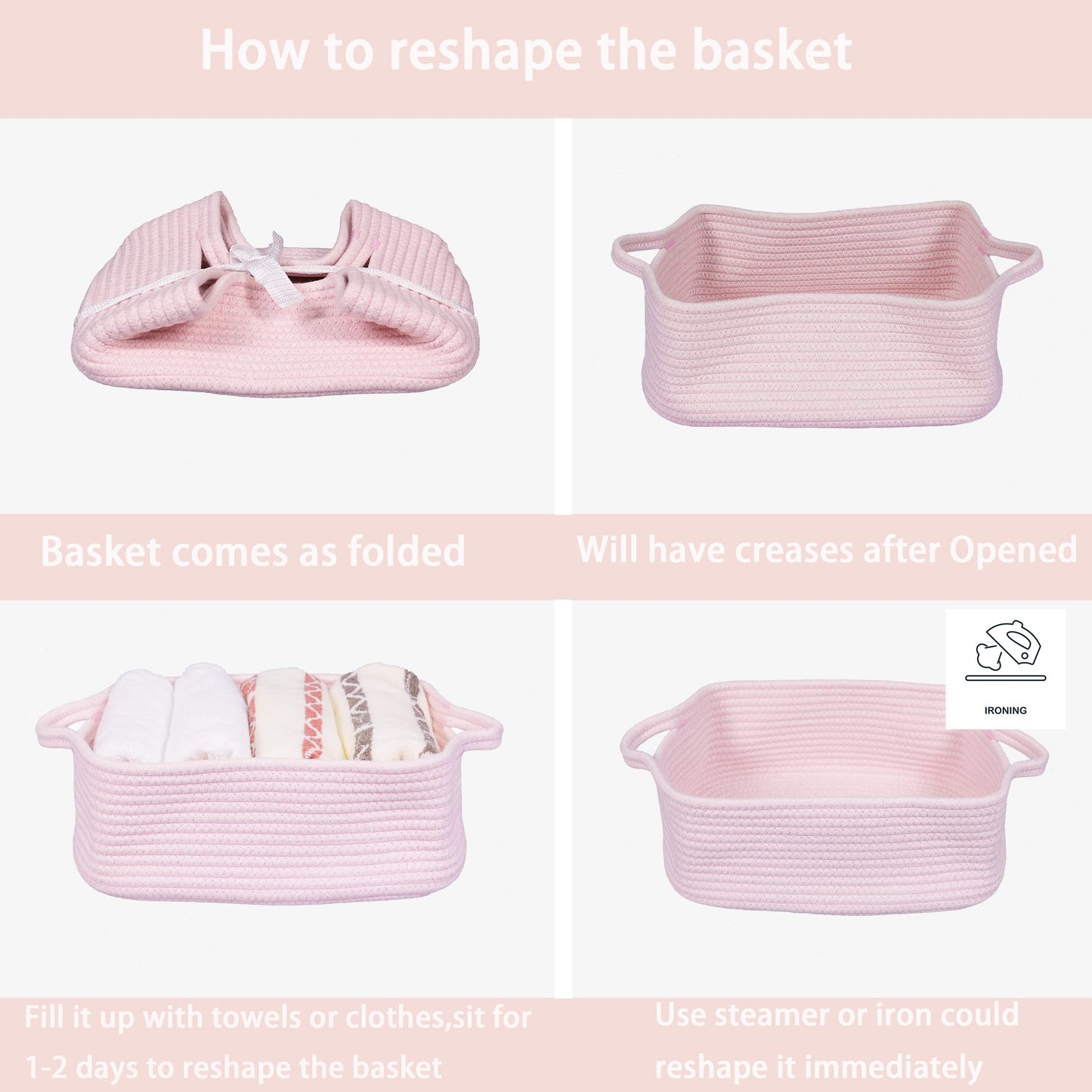 Woven Cotton Rope Storage Basket with Handles for Organizing Shelves Closet Small Cat Dog Pet Toy Baskets Box Bin Decorative Rectangle Baby Nursery basket Gift Basket Empty Light pink