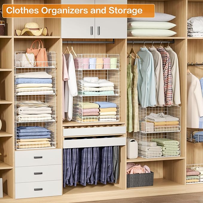 Yociyoga 4 Tier Stackable Closet Organizers and Storage Shelves, Foldable Closet Shelf Organizer System, Stackable Storage Bins Drawers for Clothes Organizer System, White(Patent Pending)
