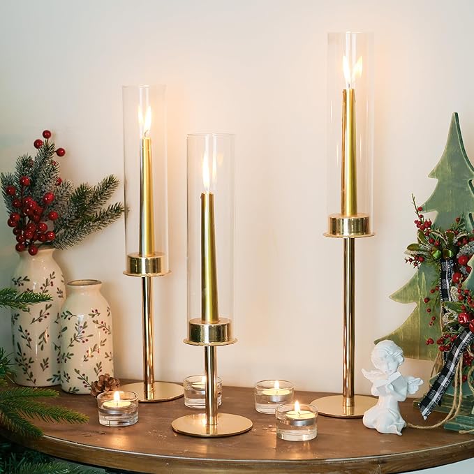 Hurricane Candle Holders Metal Candlestick Holder for Glass Taper Tall Candle Holders with Candles Stands for Home Decor, Christmas, Dinning, Wedding, Housewarming Gifts (6, Gold)