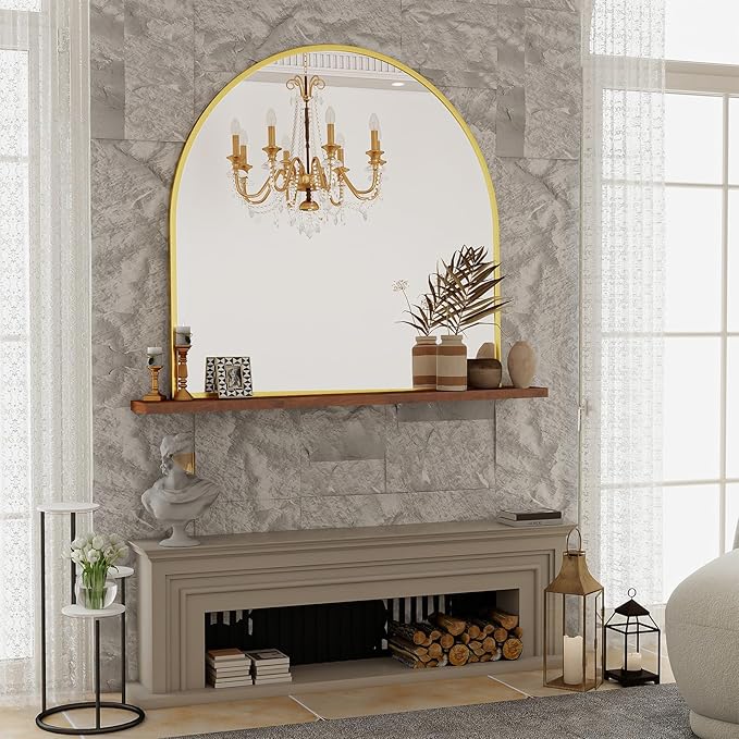 VooBang Wide Arched Wall Mirror, 38 x 40 inch Arch Bathroom Mirror, Wall Mounted Vanity Mirror with Arch Metal Frame, Modern Bathroom Vanity Mirror for Bedroom, Living Room, Hanging or Leaning, Gold
