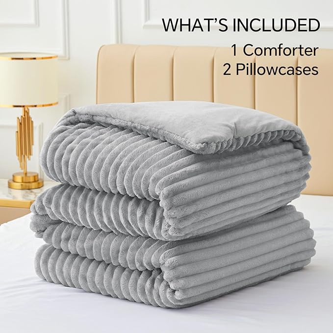 BEDELITE Fleece California King Comforter Set -Super Soft & Warm Fluffy Light Grey Bedding, Luxury Fuzzy Heavy Bed Set for Winter with 2 Pillow Cases