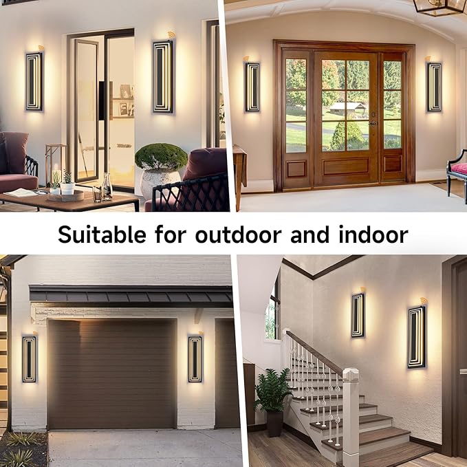Dusk to Dawn Outdoor Led Wall Lights, 23.6 in Long Exterior Lighting Fixtures,Black Outdoor Sconce Lights,3-Tier Modern Porch Light,36W Warm White Outside Lights for House,Garage, Patio,2 PCS