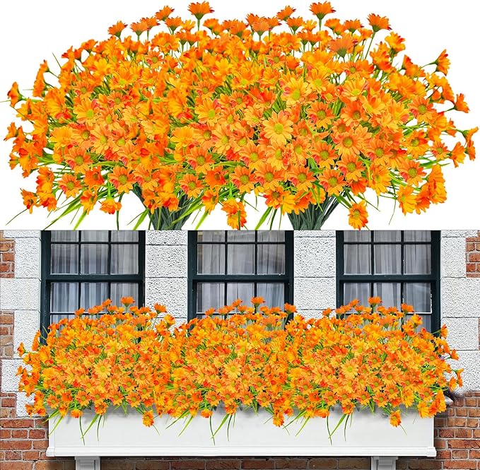 Uieke 24 Bundles Artificial Flowers for Outdoors - UV Resistant Fake Daisy Mums Faux Fall Flowers No Fade for Home Garden Patio Autumn Decor - Orange Yellow