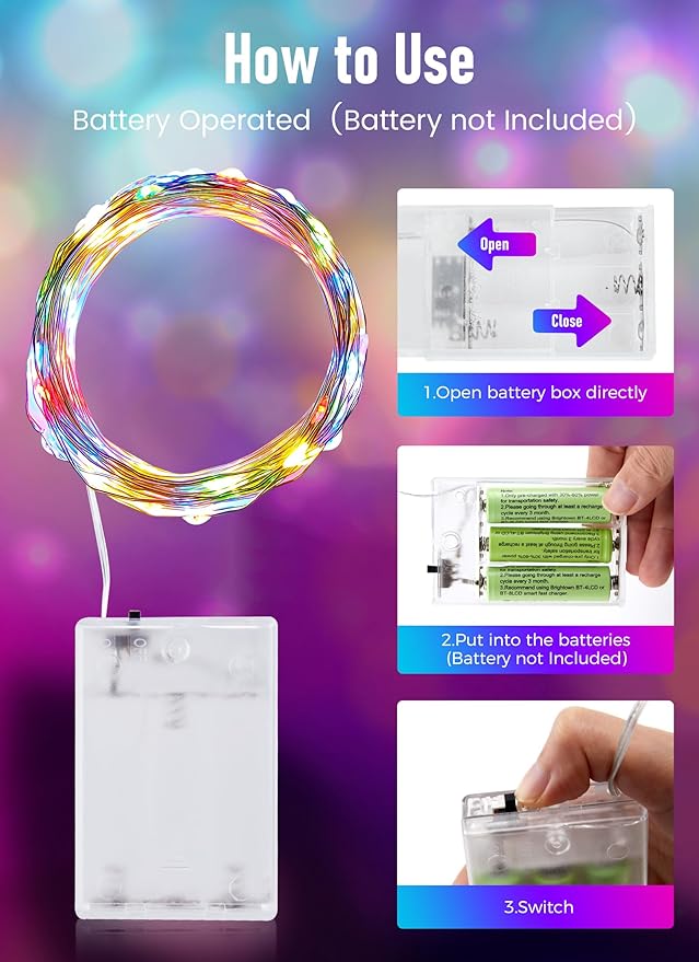 Minetom Fairy Lights Battery Operated, 2Pcak 33Feet 100 LEDs Mini Battery Powered String Lights, Waterproof Twinkle Lights Mason Jar Lights for Indoor Home Wedding Christmas Decoration, Multicolor