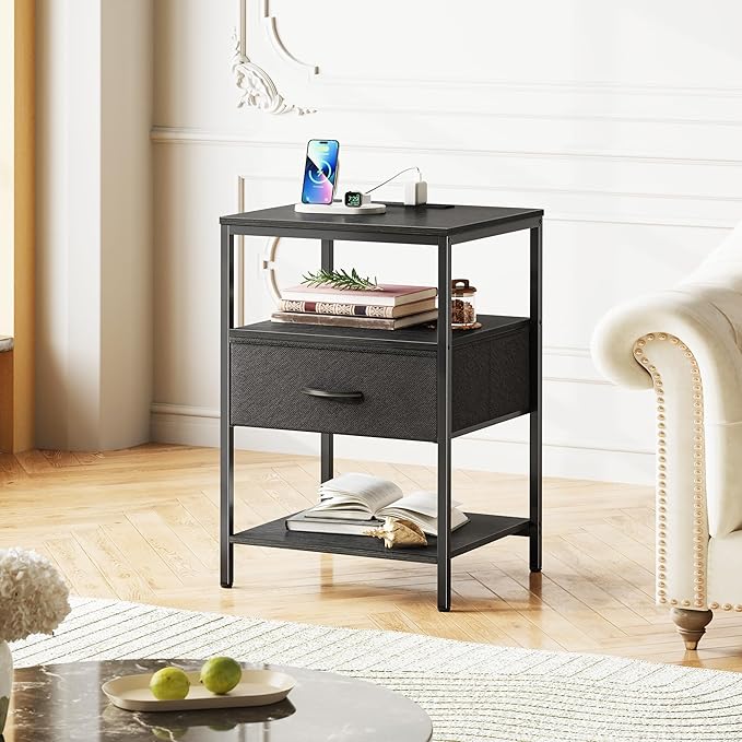 SUPERJARE Night Stand with Charger Station, 27.7 Inch Tall Nightstand with Adjustable Fabric Drawer, Bed Side Table, Fabric Drawer Dresser for Bedroom, Living Room, Black