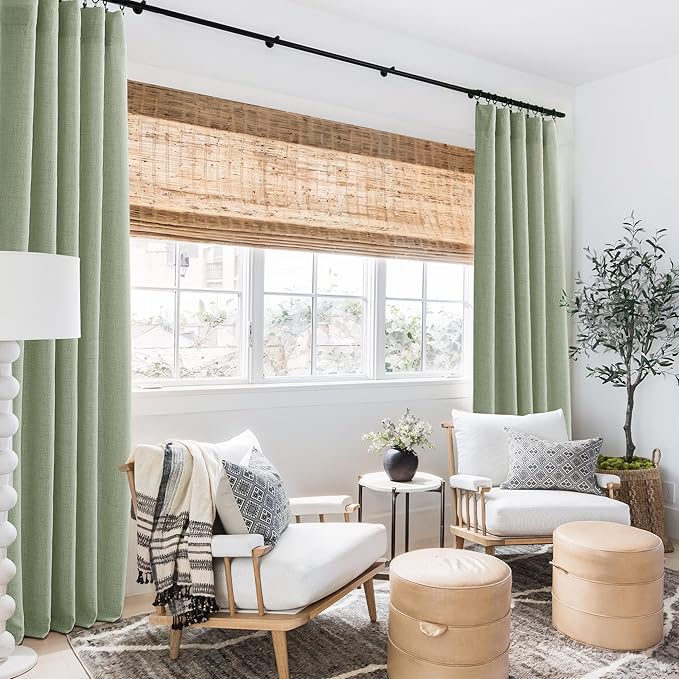 RYB HOME Linen Sheer Curtains and Drapes for Living Room and Dining Room 108 inches Length, Breathable Weave Textured/Rod Pocket Semi Sheer Curtains, Sage Green, W 52 x L 108 inches, 2 Panels Set