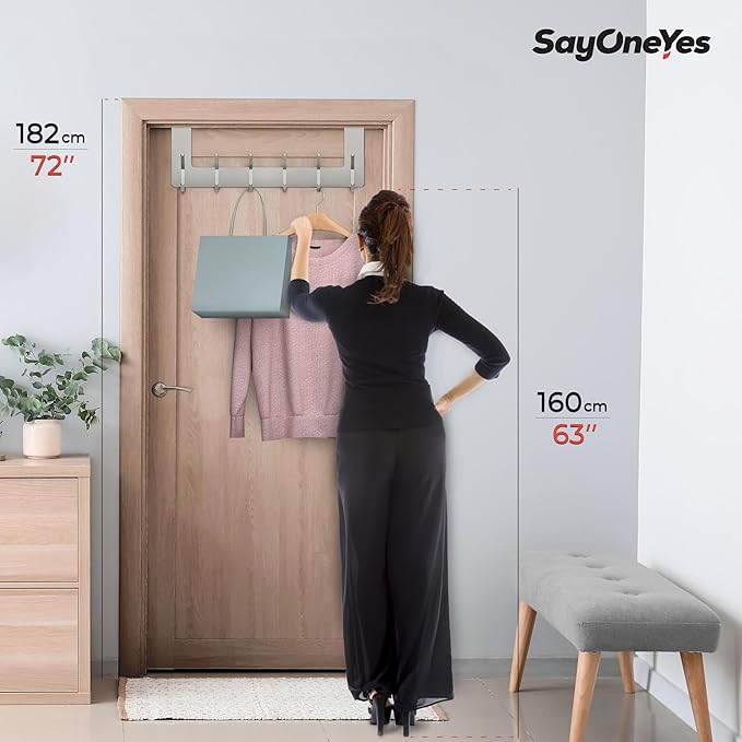 Brushed Nickel Over The Door Hooks – Heavy Duty Stainless Steel Door Hanger with 6 Double Hooks for Hanging Towels, Coats, Robes, Hats, Bags – No Drill Over Door Towel Rack for Bathroom & Bedroom