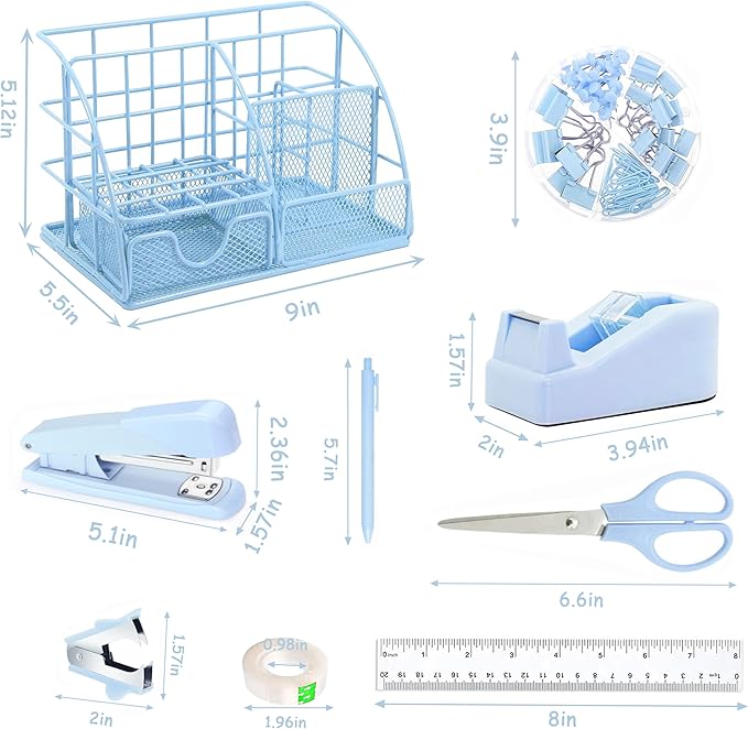 Blue Office Desk Accessories Supplies, 10pcs Desk Organizers and Accessories with Tape Dispenser and Stapler,Staples,Scissor,Ruler,Sticky Tabs,Tape,Ballpoint Pen,Clips Set