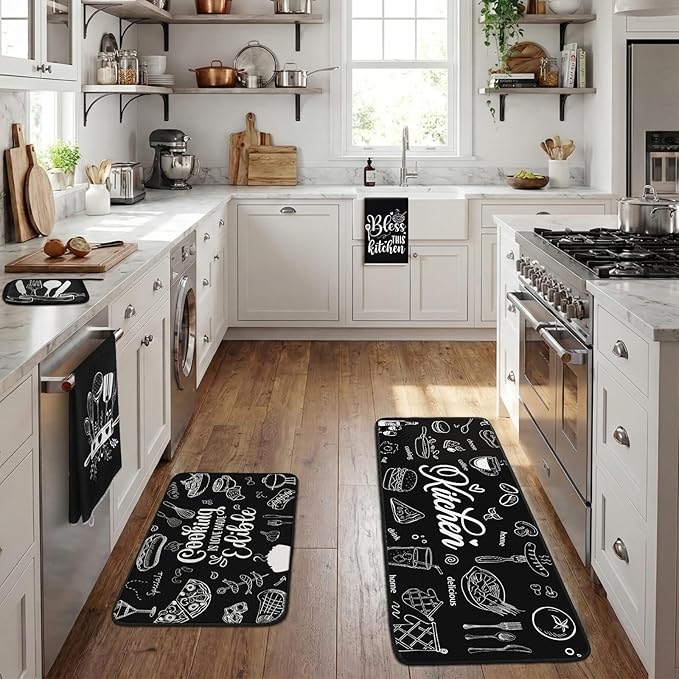 Fourluoo 10 Pcs Black Kitchen Decor and Accessories Black Kitchen Towels Rugs Oven Mitts and Pot Holders Set Gloves Vintage Potholders for Baking Cooking Chef