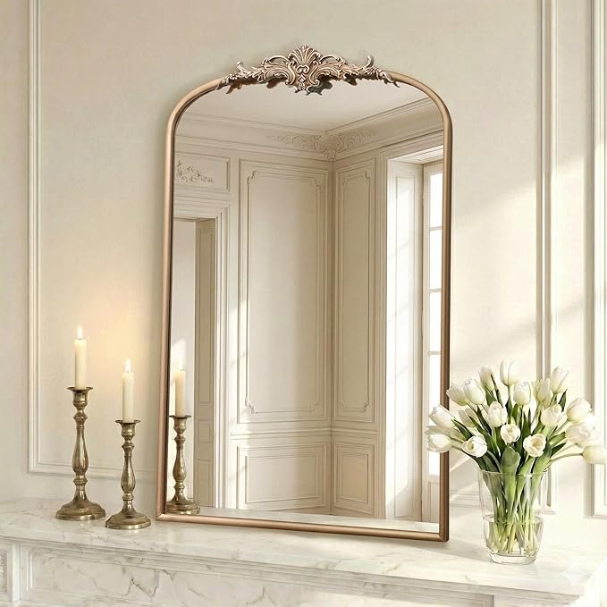 Besdomus Large Antique Wall Mirror: 24"x36" Arched Champagne Gold Vintage Wall Mounted Mirror - Traditional Ornate Home Decor for Entryway/Bedroom/Bathroom - Baroque Idea for Housewife